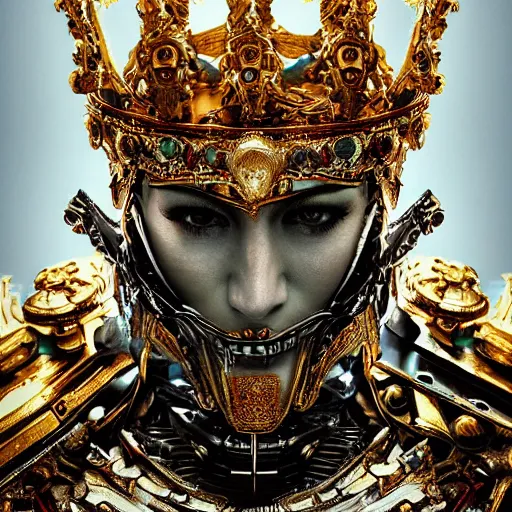 Image similar to portrait art of 8k ultra realistic Emperor of Light, ornate intricate crown , detailed intricate ornate armour,decaying, cybernetic, full of colour, cinematic lighting, battered, trending on artstation, 4k, hyperrealistic, focused, extreme details,unreal engine 5, cinematic, masterpiece, art by ayami kojima, giger