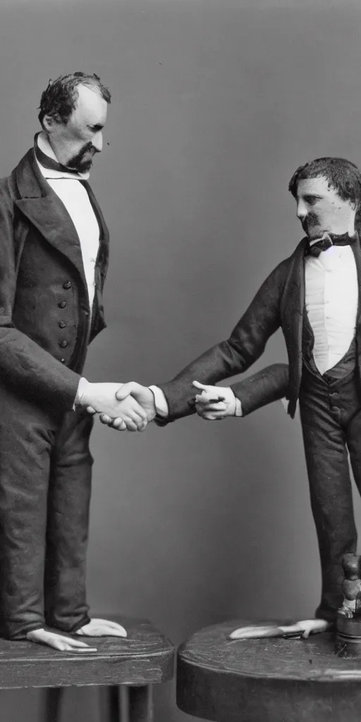 Image similar to tall t rex with long arms, shaking hands. Business men. anamorphic, strange, black and white, photograph, 1850s