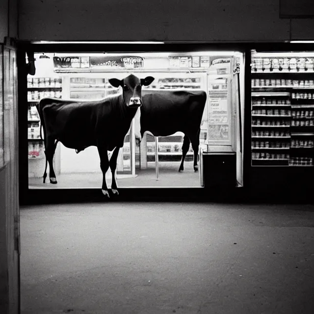 Prompt: a cow inside a convenience store at night, kodachrome photograph