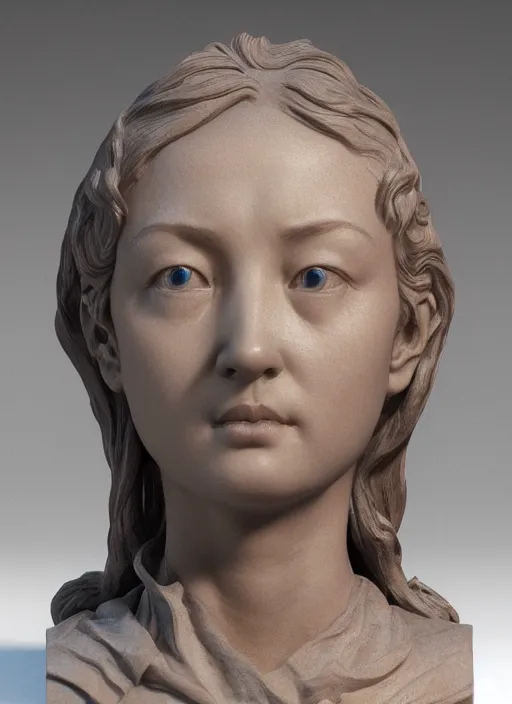 Image similar to 3D resin miniature sculpture by Jean-Baptiste Carpeaux and Luo Li Rong, european lady, prefect symmetrical face, academic art, realistic, 8K, Introduction factory photo, Product Introduction Photo, Hyperrealism. Subsurface scattering, raytracing, Octane Render, Zbrush, simple background