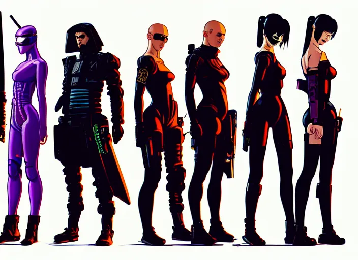 Image similar to cyberpunk samurai squad. portrait by stonehouse and mœbius and will eisner and gil elvgren and pixar. character design. realistic proportions. cyberpunk 2 0 7 7 character art, blade runner 2 0 4 9 concept art. cel shading. attractive face. thick lines. the team. diverse characters. artstationhq.