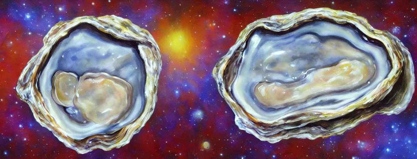 Prompt: Oyster with a star forming in it's core, floating in space, hyper realistic painting