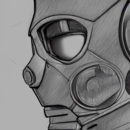 Image similar to close up realistic cyberman with half of his mask broken off showing david tennant pencil sketch cinematic lighting, render, fantasy