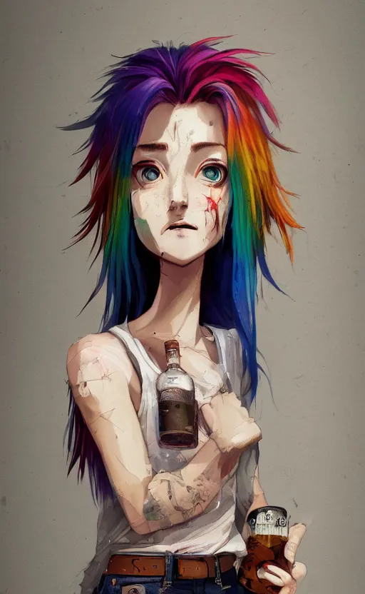 Prompt: a grungy woman with rainbow hair, happy, holding bottle of whiskey, soft eyes and narrow chin, dainty figure, long hair straight down, torn kawaii shirt and baggy jeans, basic white background, In style of by Jordan Grimmer and greg rutkowski, crisp lines and color,