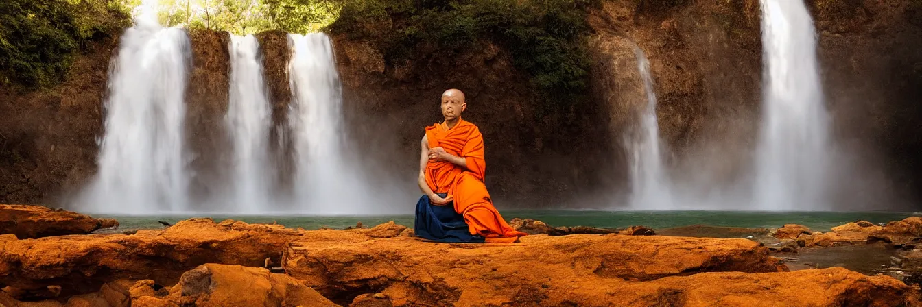 Image similar to dang ngo, annie leibovitz, steve mccurry, a simply breathtaking shot of mediating monk in orange, giantic waterfall, sunshine, golden ratio, wide shot, symmetrical