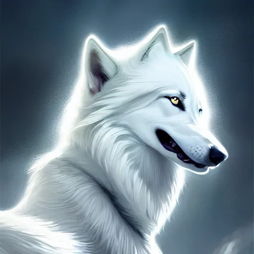 Image similar to girl facing a giant white wolf, manga cover, intricate, elegant, highly detailed, digital painting, artstation, concept art, smooth, sharp focus, illustration, sharp focus, illustration, highly detailed, concept art, matte, trending on artstation, anime, art by wlop and artgerm and greg rutkowski, h 6 4 0