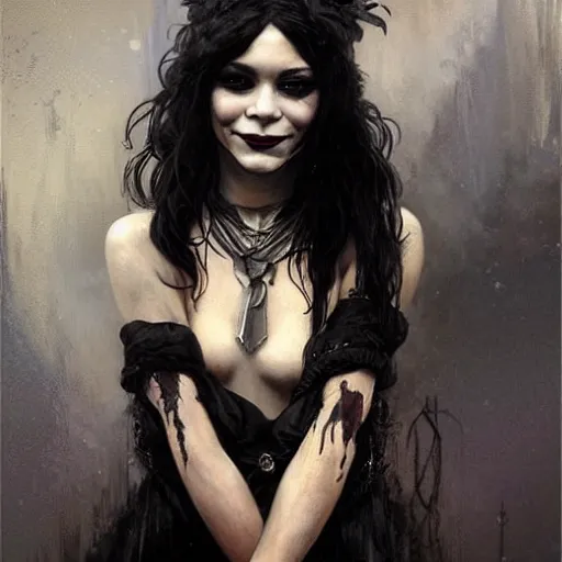 Image similar to beautiful portrait of vanessa hudgens as death from sandman, smiling, by cedric peyravernay, alphonse mucha, by jeremy mann, by lecouffe deharme, goth chic, soft lightning, eyeliner, punk rock, high detailed, 8 k