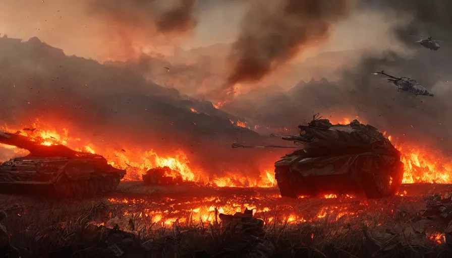 Image similar to Huge war in the burning field with tanks, troops and helicopters, smoke columns and ashes everywhere, destroyed village hyperdetailed, artstation, cgsociety, 8k