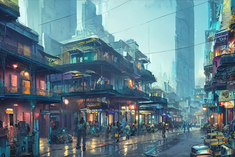 Prompt: a beautiful digital matte painting of futuristic cyberpunk french quarter, new orleans, by eddie mendoza and david lozeau and raphael lacoste and laurie greasley, 8 k, detailed, artstation,