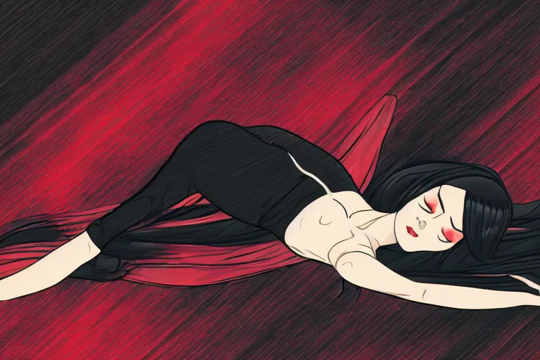 Image similar to a girl laying in an artsy pose, wearing a black outfit with red trim, vector shaded anime style, detailed anime digital art, 4 k