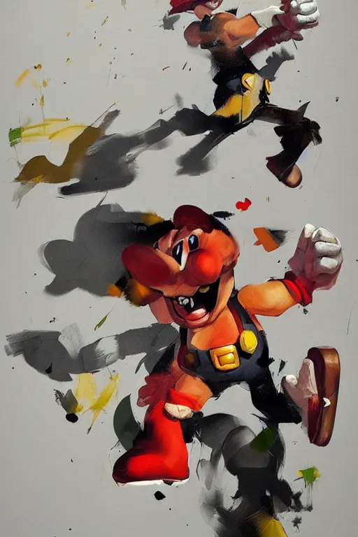 Prompt: abstract figurative rendition of super mario fighting bowser by'phil hale '!!! exaggerated lanky proportions, motion lines,'action lines '!!! graphic style, visible brush strokes, ( ( messy ) ) blurry