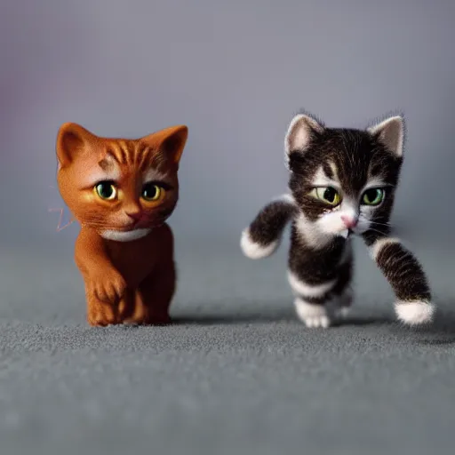 Prompt: miniature closeup of kittens playing, claymation, Pixar animation, visually stunning, 50mm, highly detauled, award-winning