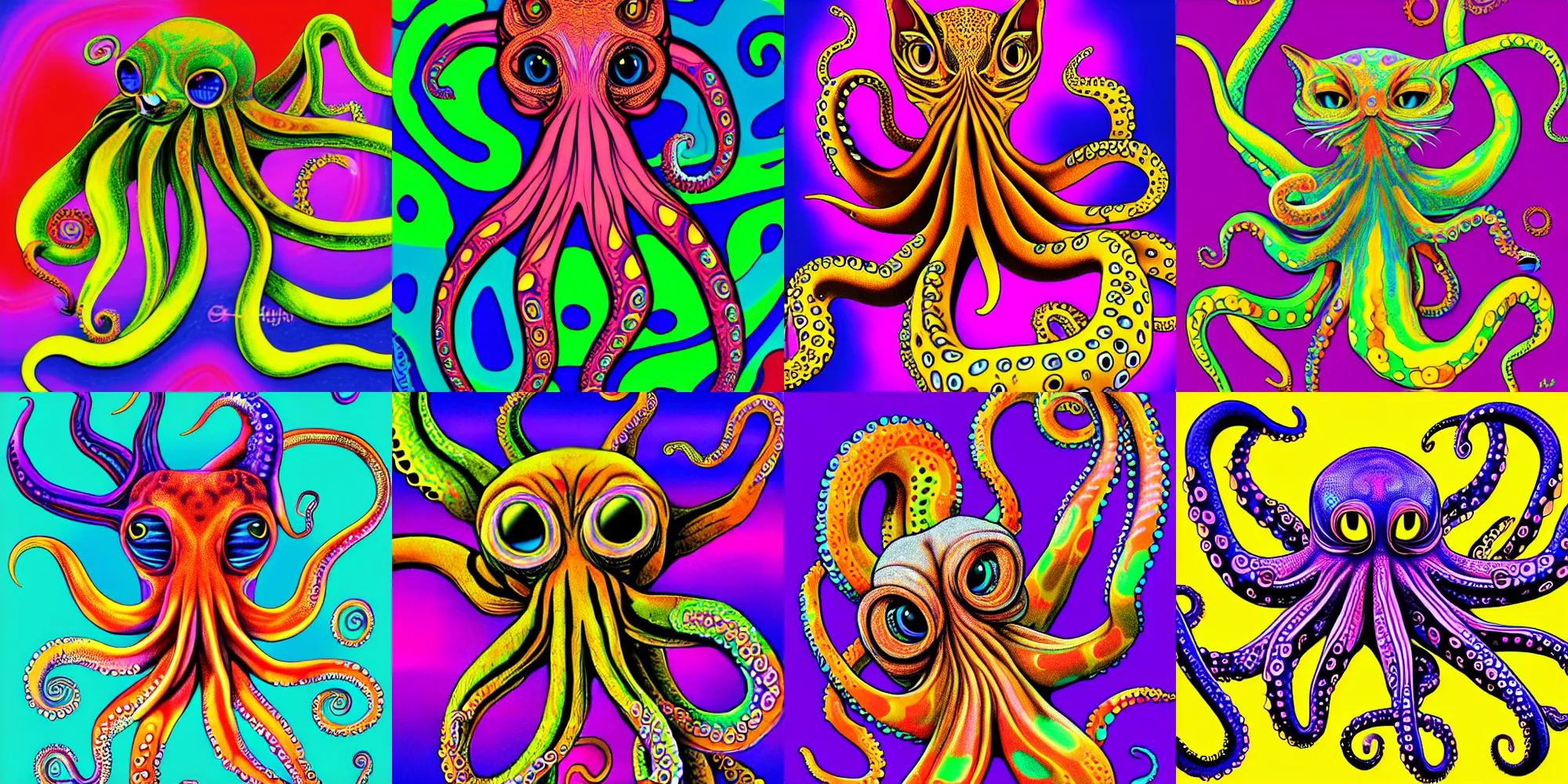 Prompt: psychedelic highly detailed octopus cat chimera, 4 k, octopus cat, digital painting, matte finish, kitten, fine detail