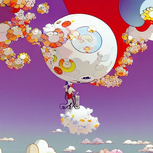 Image similar to a man walking on clouds above kyoto by takashi murakami, beeple and james jean, aya takano color style, 4 k, super detailed