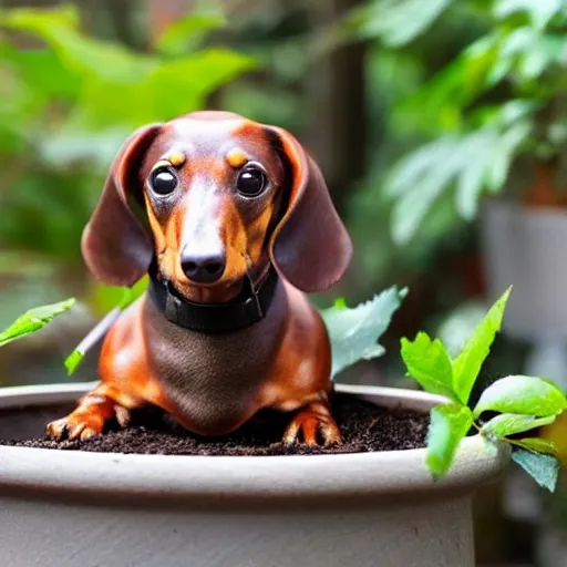 Prompt: Old wood dachshund with leaves, growing in a bonsai pot