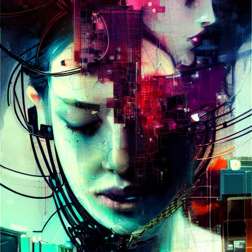 Prompt: beautiful young cybernoir woman vr dreaming in a glitchcore world of wires, and machines, by jeremy mann, francis bacon and agnes cecile, and dave mckean ink drips, paint smears, digital glitches glitchart