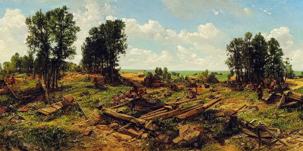 Image similar to landscape scene of an eastern front battlefield, summertime, distant destroyed smoking tank, sandbags, trenches, craters, romanticist oil painting