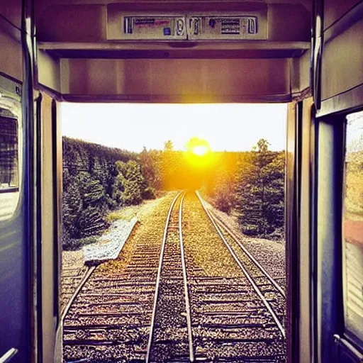 Image similar to a inside of a train hallway the train hallway is empty and train is moving the window view is a sunset view of a beautiful landscape