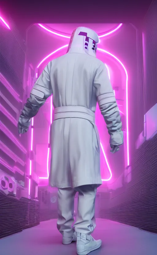 Prompt: white darth vader synth wave retro wave vapor wave white and pink lighting and clothes and tech cyberpunk style ultra realistic high quality highly detailed 8 k