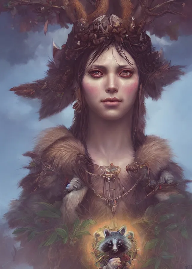Prompt: a beautiful hyper realistic detailed painting of the sacred spirit raccoon who protect these land, by tom bagshaw, ross tran and bayard wu, inspired by dragon age inquisition featured on artstation