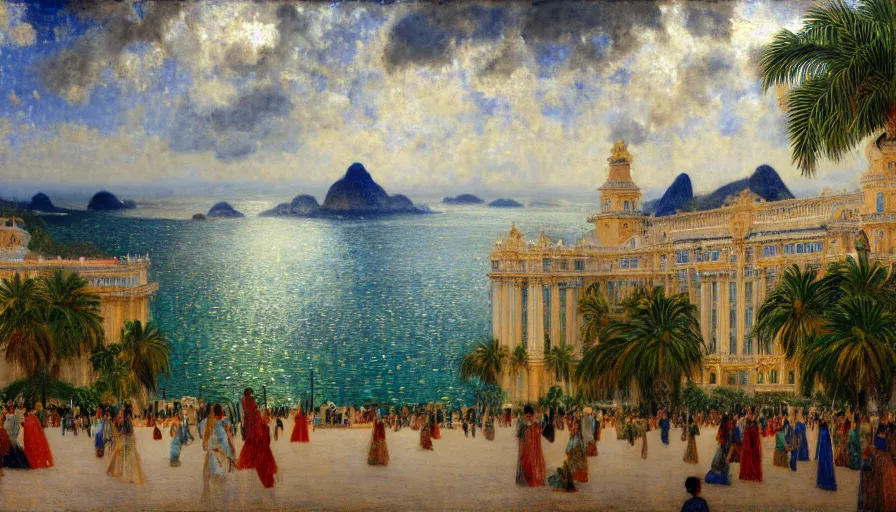 Image similar to a ultradetailed beautiful painting of the thunderstorm sky of the rio de janeiro palace balustrade designed by jules bastien - lepage, tarsila do amaral, frank weston and gustave baumann, beach, trending on artstation, mediterranean, palm trees, sharp focus, colorful refracted sparkles and lines, soft light, 8 k 4 k