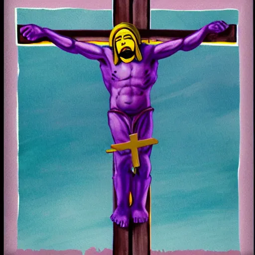Prompt: grimace macdonald's crucifixion