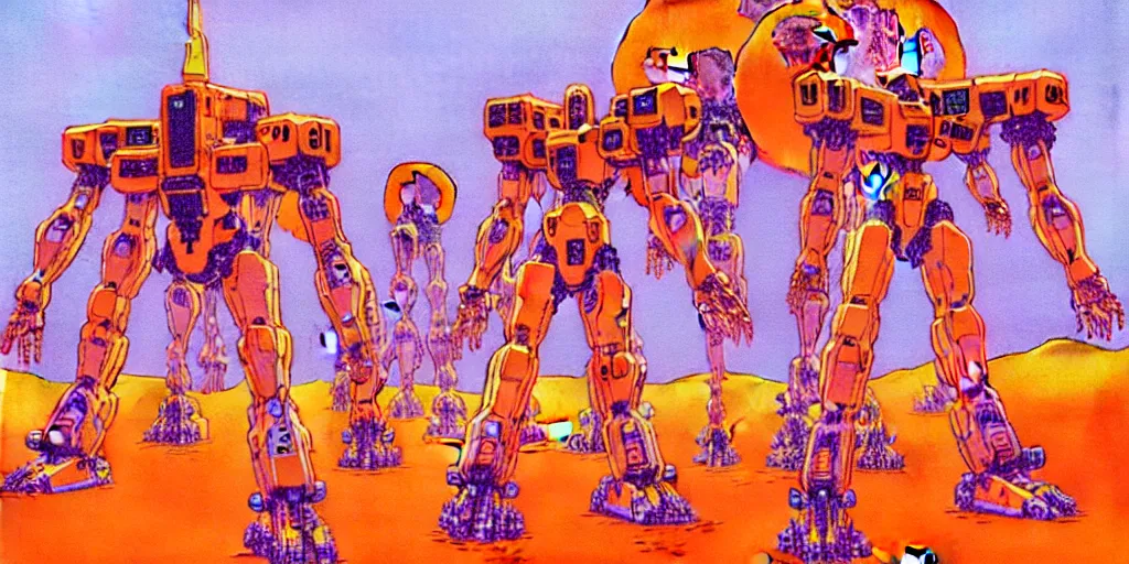 Image similar to risograph rendition of extremely - detailed white huge evangelion - like mech with a lot of orange tiny balls on it, children faces, ominous, intricate complexity, dramatic, epic composition, atmospheric, painting by moebius