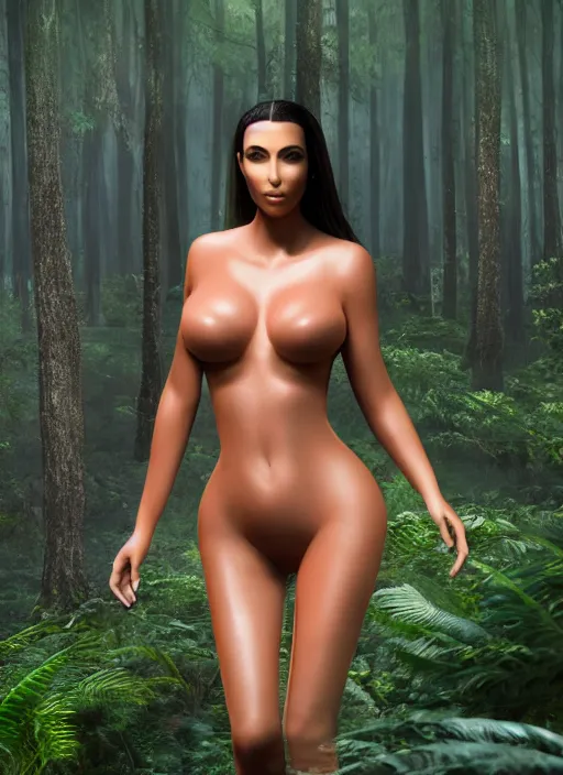 Image similar to alien swallowing kim kardashian, attire: bikini, big bust, backround: forest, fog, uhd, photorealism, realistic, wide shot, full shot.