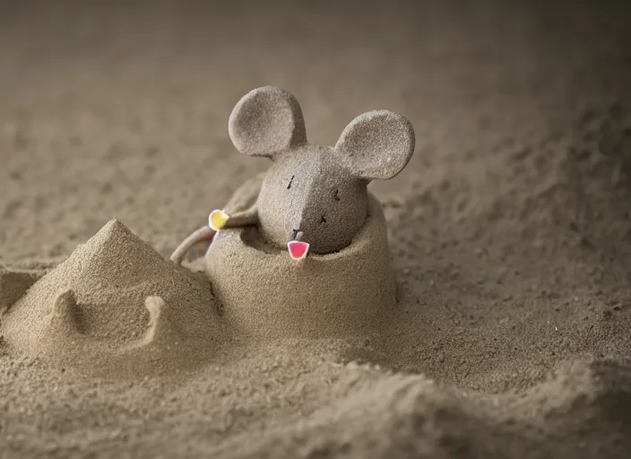 Prompt: wide dslr photo still of a mouse inside a perfect sandcastle, 8 k, 8 5 mm f 1. 4