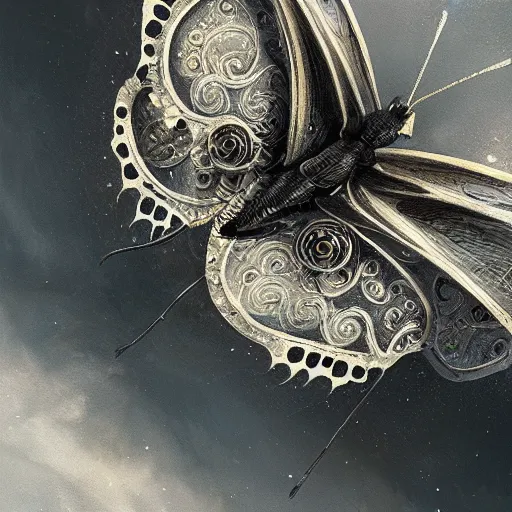 Prompt: close up of a mechanical butterfly, fantasy, intricate, elegant, highly detailed, digital painting, artstation, concept art, smooth, sharp focus, illustration, by greg rutkowski