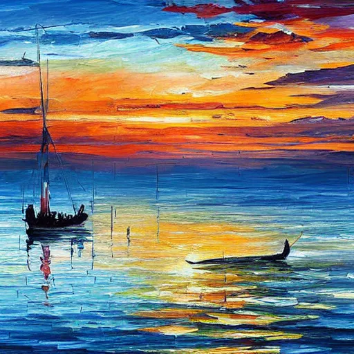 Image similar to rising sun ( ( ( fishing cormorant, fishing boat ) ) ) on the naples bay, by leonid afremov and moebius