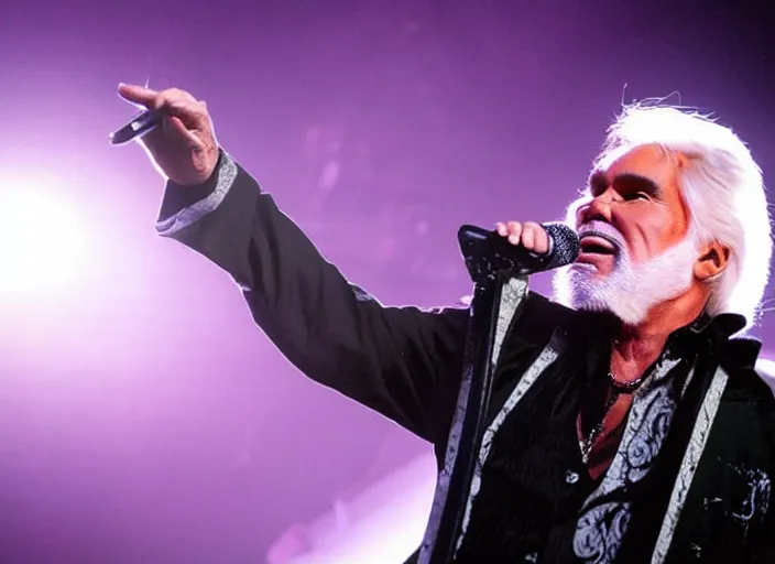 Image similar to publicity photo still of kenny rogers in cradle of filth playing live on stage, 8 k, live concert lighting, mid shot