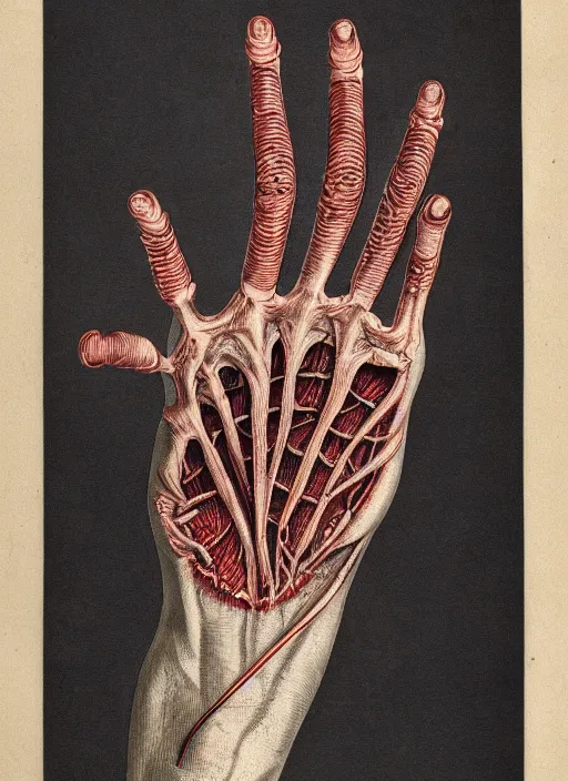 Image similar to vintage medical anatomical illustration of freddy krueger's glove, highly detailed, labels, intricate writing