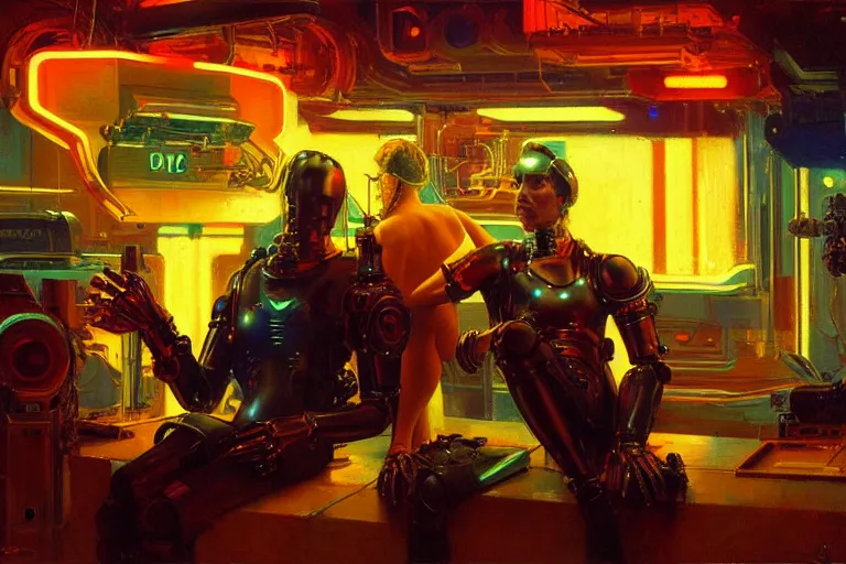 Prompt: synthwave, robotic arm, neon lights, cool tint, painting by gaston bussiere, craig mullins, j. c. leyendecker, tom of finland