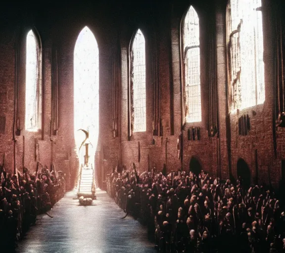 Image similar to Daenerys the Stormborn inside Hogwarts main hall, film still, best shot, 8K