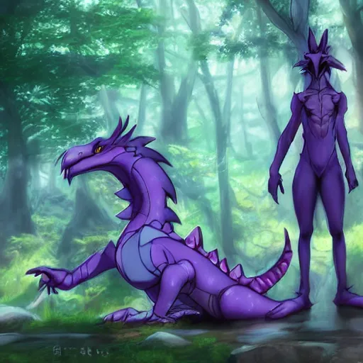 Image similar to concept art painting of an anthropomorphic purple anime anthro dragon, in the deep forest, realistic, detailed, cel shaded, in the style of makoto shinkai and greg rutkowski and james gurney