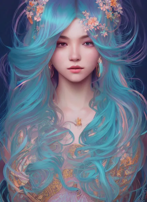 Image similar to beautiful girl with long turqoise hair, cute, intricate, highly detailed, digital painting, trending on artstation, concept art, smooth, sharp focus, backlit, rim light, vivid colors, illustration, unreal engine 5, 8 k, art by rossdraws and alphonse mucha