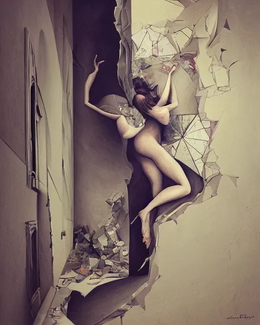 Prompt: an anamorphosis painting of a woman leaning against the wall, fragments, fututre, past, inspired by lise deharme, peter mohrbache, albrecht durer, abstract, a level art, intricate, pop surrealism, digital poster, ornately detailed, photorealism, trending in artstation