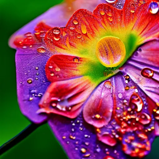 Prompt: a fantasy flower with petals and leafs, dew, water drops, ultra detailed, sunrise, close up, macro, hyper colorful, trending on artstation