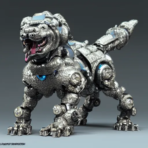 Prompt: hybrid of a cyborg dog and a diamond crystal golem kaiju, ultra detailed, 8 k, rule of thirds, professional lighting, unreal engine.