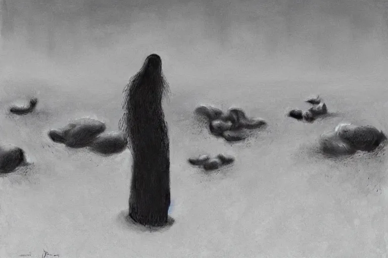 Prompt: a surrealist painting of a lonely woman with pale skin and red hair, standing over pile of bodies in post apocalyptic snowy landscape, painted by zdzisław beksinski
