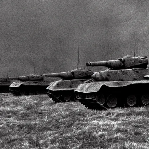 Image similar to flash photograph of russian tanks, accompany by soviet infantry squad, 1985, creepy, haunted, fog, atmospheric, vintage photo