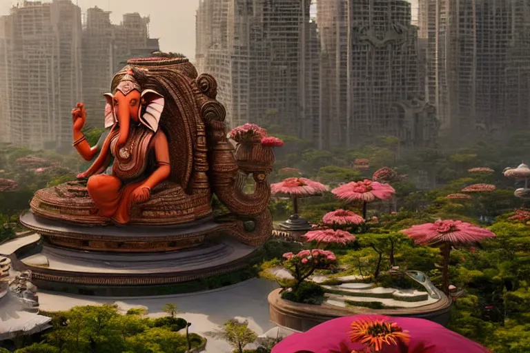 Image similar to beautiful futuristic new delhi, sharp sci - fi ganesha!! building, kalighat flowers, octane highly detailed cinematic, stephen shore & john j. park, soft morning light, wide shot, high angle, uhd 8 k, shallow depth of field