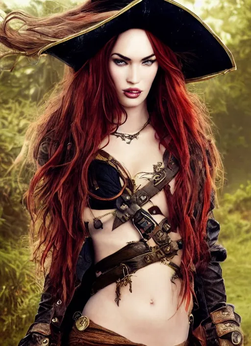 Image similar to megan fox pirate clothes, 8 k, sensual, hyperrealistic, hyperdetailed, beautiful face, long ginger hair windy, dark fantasy, fantasy portrait by laura sava