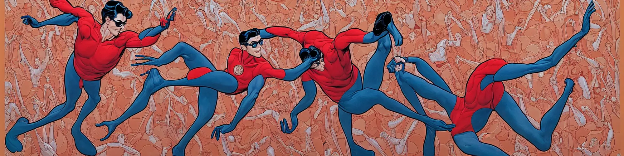 Prompt: plasticman shaking his own hands stretching his right arm across the panel re - entering the image on the left side reaching out to his own body, illustrated by james jean, twirling and twisting