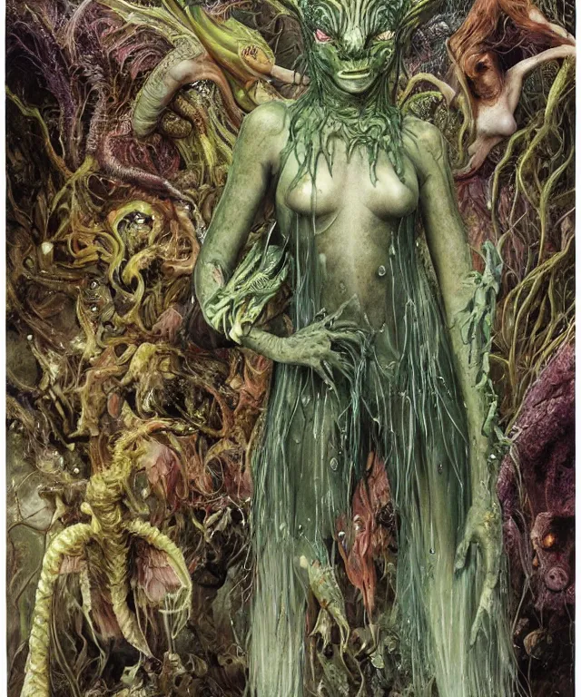 Prompt: portrait photograph of a fierce sadie sink as an alien harpy queen with slimy amphibian skin. she is trying on evil bulbous slimy organic membrane fetish fashion and transforming into a fiery succubus amphibian villian mantis. by donato giancola, walton ford, ernst haeckel, brian froud, hr giger. 8 k, cgsociety