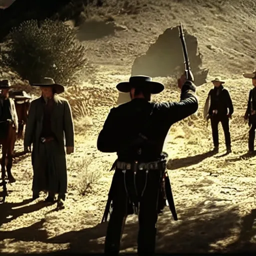 Image similar to screenshot of the lone ranger walking ont a tv film set with a film crew, behind the scenes, 2 4 mm lens, directed by wince mcstevens, tense scene, moody dramatic light