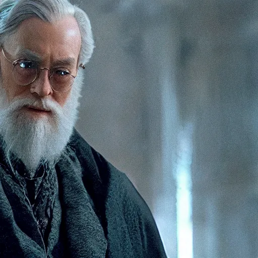 Prompt: Movie still of Albus Dumbledore in Matrix