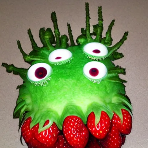 Image similar to strawberry creature with multiple eyes