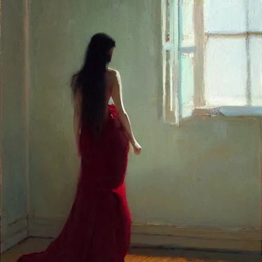 Image similar to beautiful girl with long black hair, in backless red dress, backview, sitting on edge of bed, in a candle lit room, by jeremy lipking, tim rees, joseph todorovitch